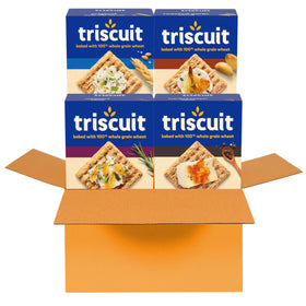 Triscuit Original Whole Grain crackers on a box, perfect for toppings and dips.