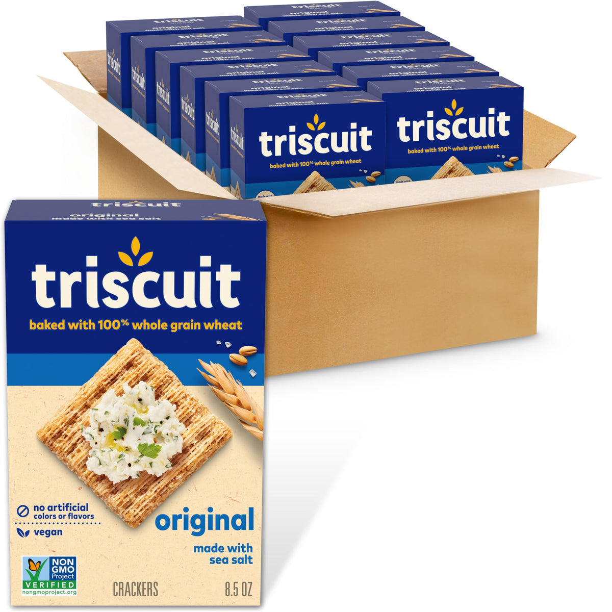 Triscuit Original pack shot showing vegan whole grain crackers for on-the-go snacking.