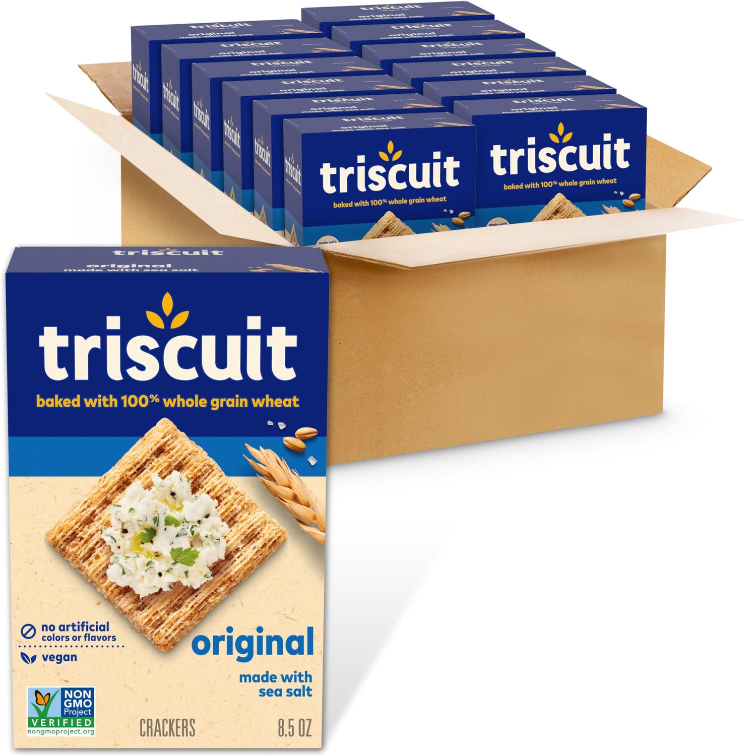 Triscuit Original pack shot showing vegan whole grain crackers for on-the-go snacking.