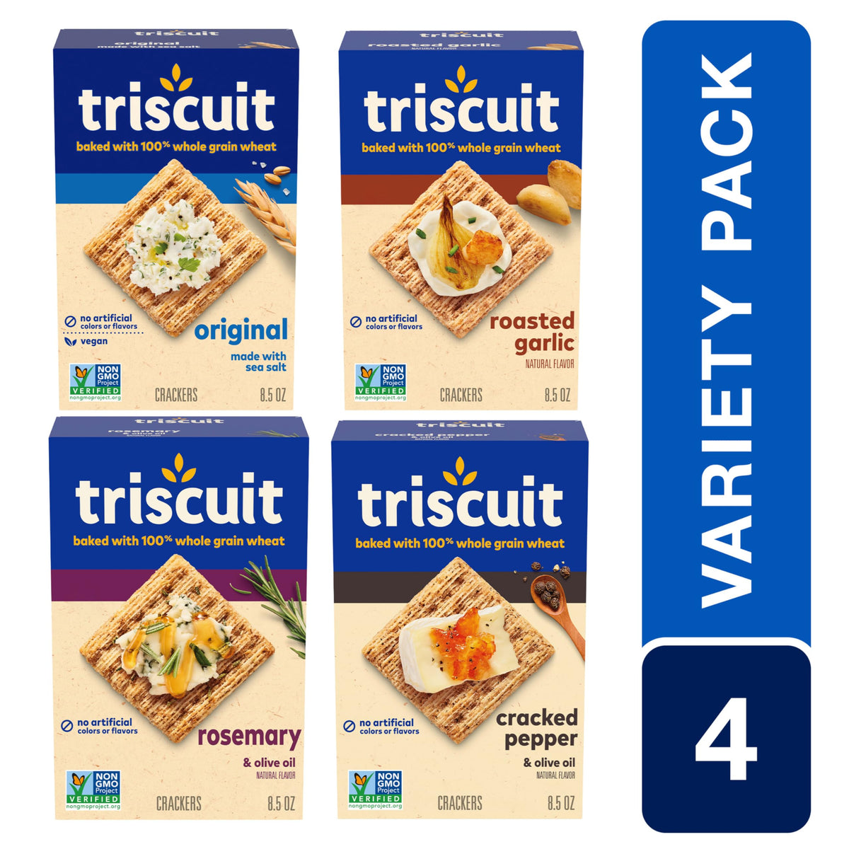 Triscuit Roasted Garlic crackers bite, great for bold flavors and dips.