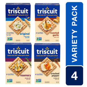 Triscuit Roasted Garlic crackers bite, great for bold flavors and dips.