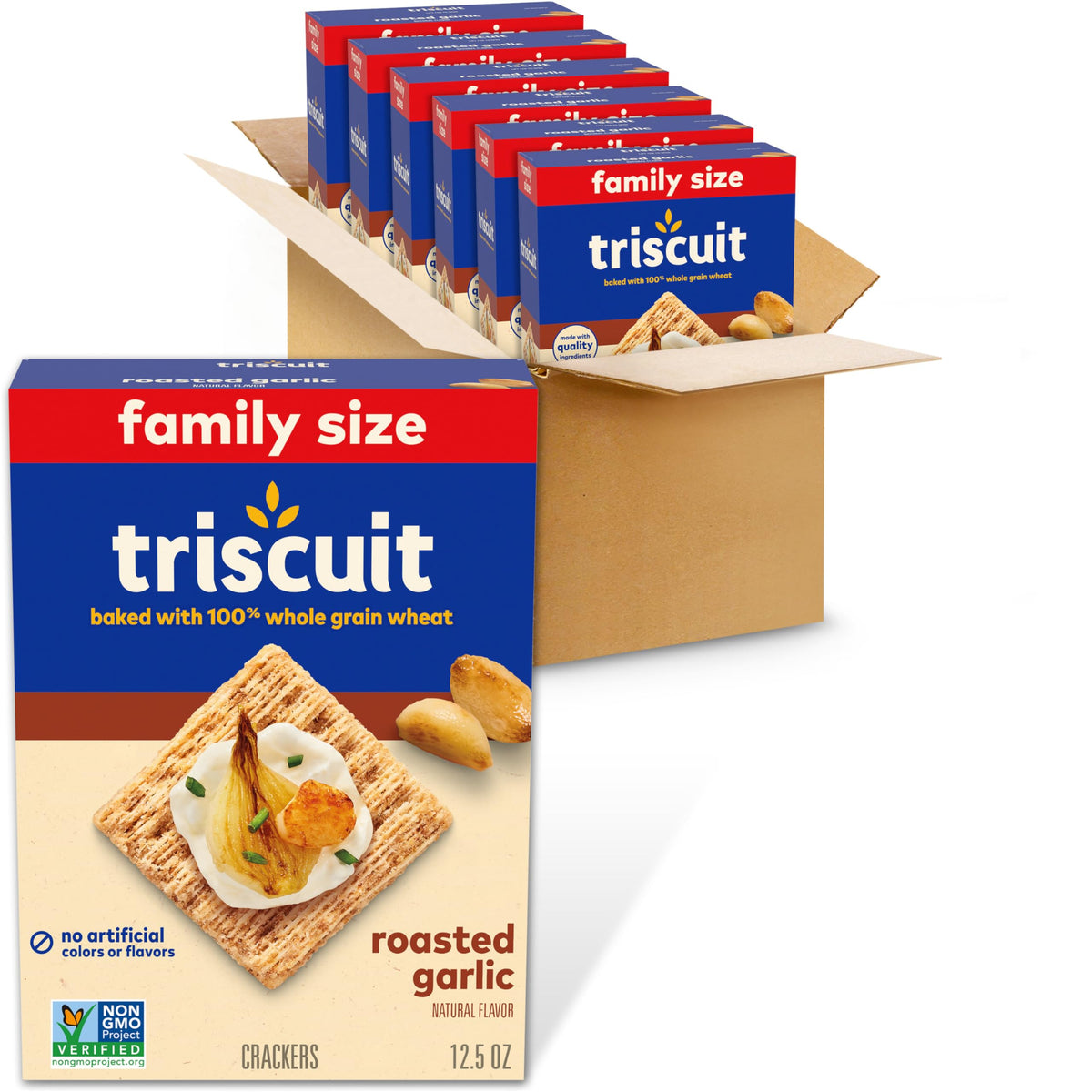 Triscuit Roasted Garlic crackers in packaging, ideal for bulk snacking.