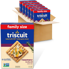 Triscuit Rosemary & Olive Oil crackers on packaging, ideal for bulk purchase