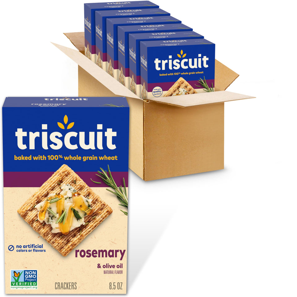 Triscuit Rosemary and Olive Oil packaging display ideal pantry staple