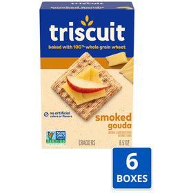 Close-up of Triscuit Smoked Gouda crackers' crunchy woven texture