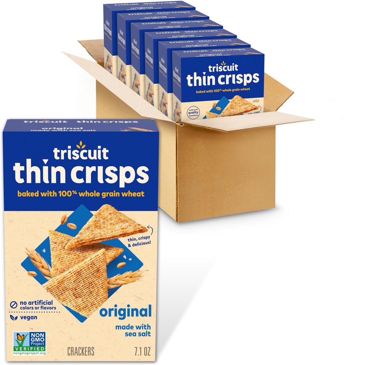 Triscuit Thin Crisps Original whole grain wheat crackers in a six-box pack for snacking