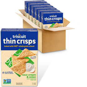 Triscuit Thin Crisps Sour Cream & Onion packaging, bulk boxes for pantry convenience.