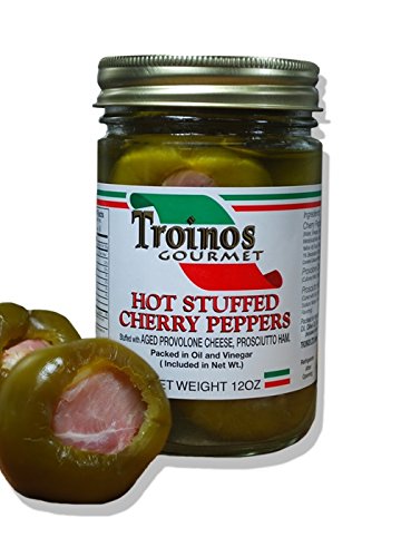 Troino's Gourmet hot stuffed cherry peppers with provolone and prosciutto, great for upscale antipasto platters.