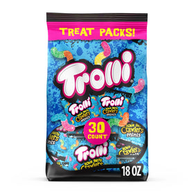 Trolli Mini Sour Brite Crawlers cherry lemon bag front shows bold flavors for shareable snacks