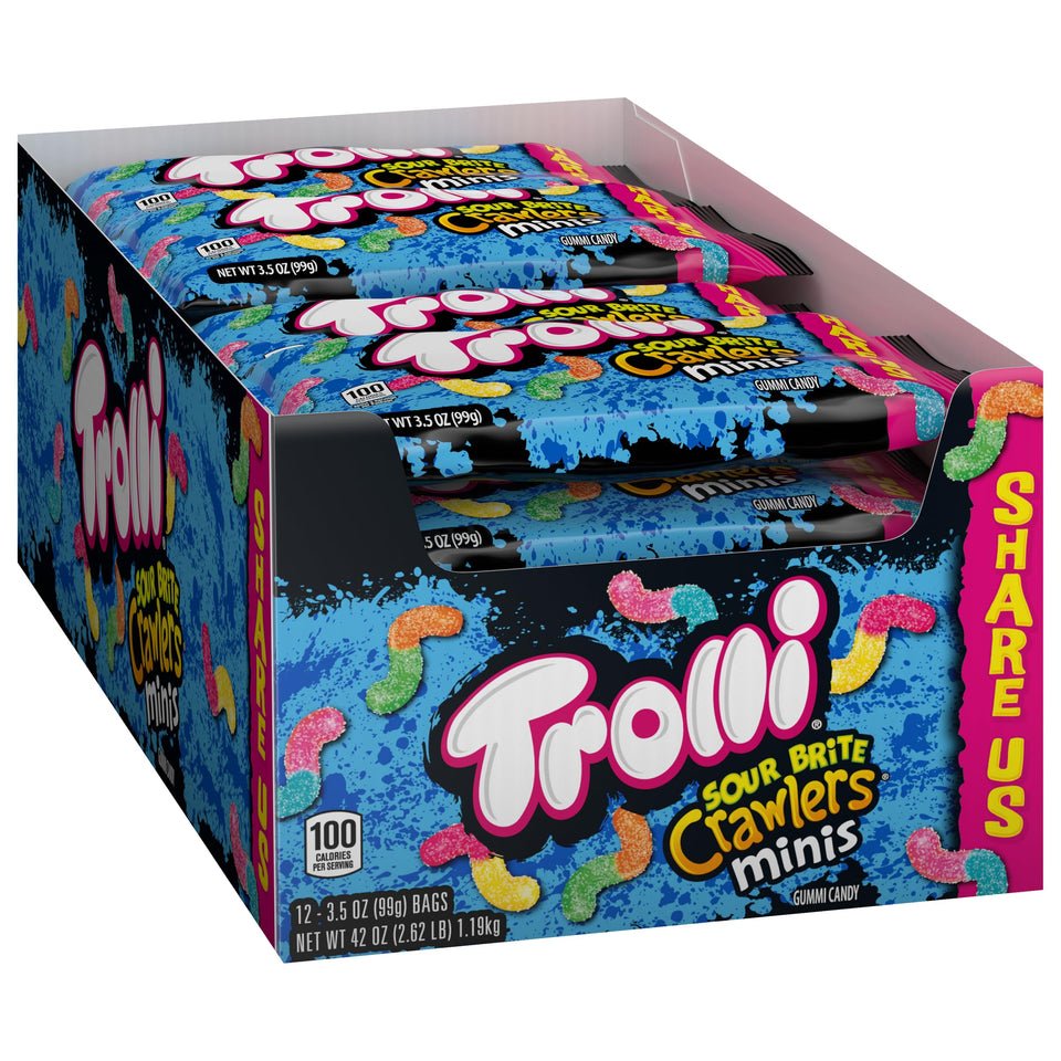 Trolli Mini Sour Brite Crawlers offer a soft, chewy texture for on-the-go snacking.