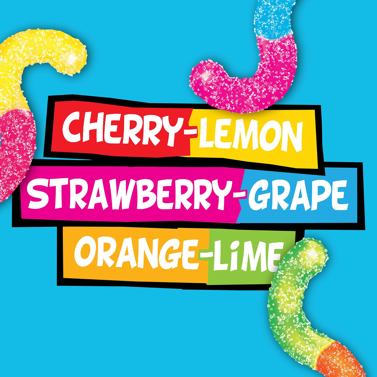 Trolli Mini Crawlers variety flavors image shows Cherry-Lemon, Strawberry-Grape, Orange-Lime.