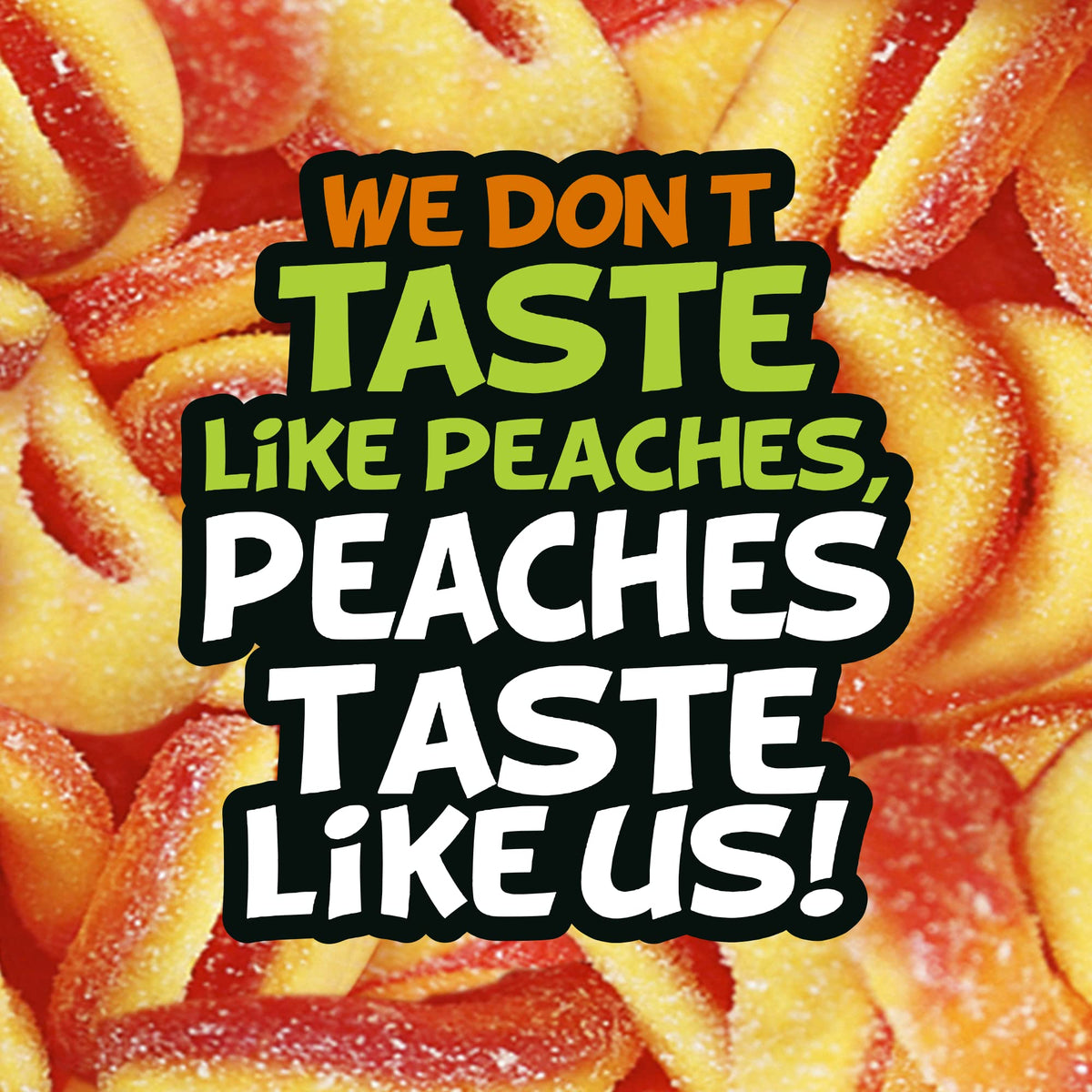Trolli Peachie O's bulk bag displayed on a kitchen counter.