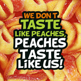 Trolli Peachie O's bulk bag displayed on a kitchen counter.