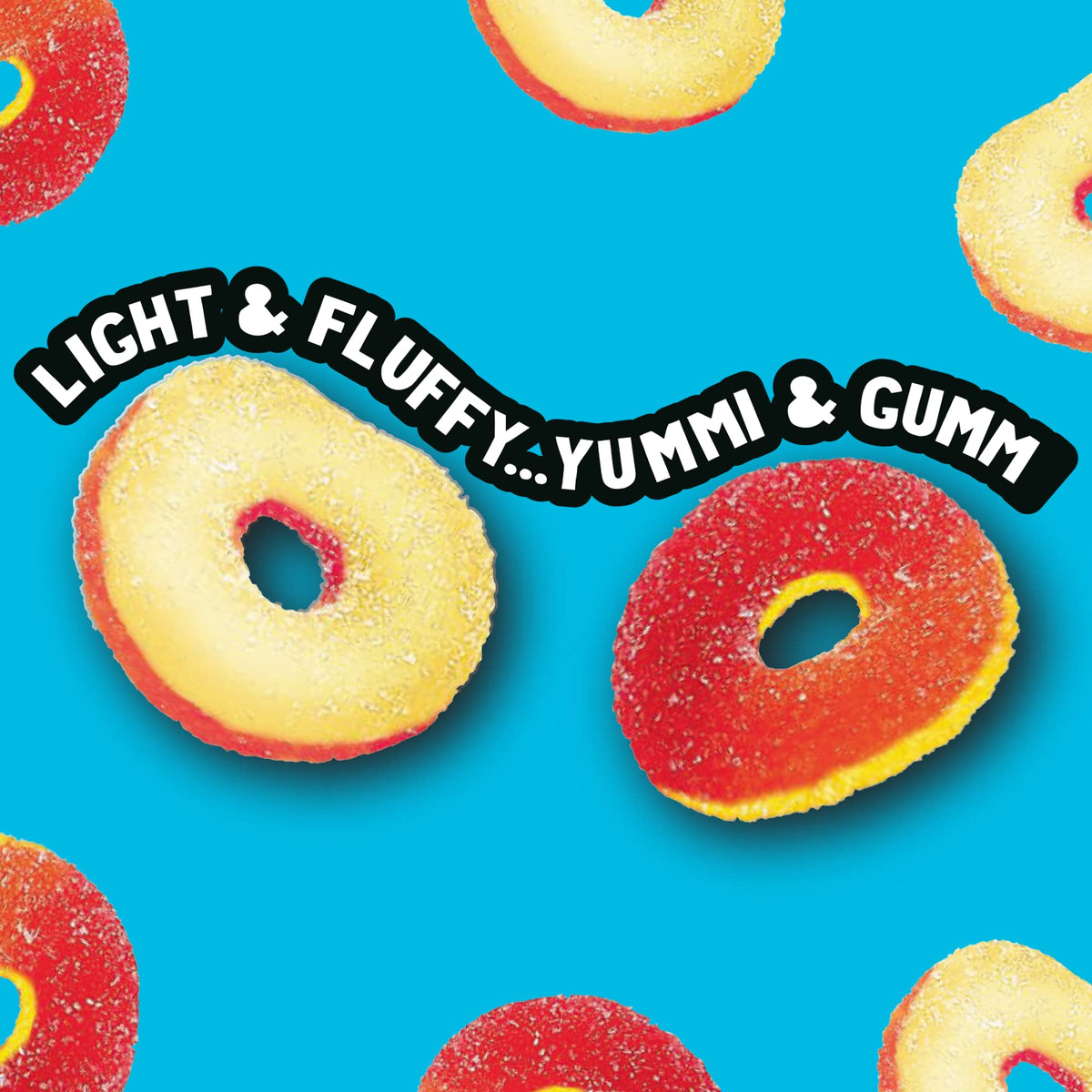 Close-up of Trolli Peachie O's sour gummy rings with tangy sugar.