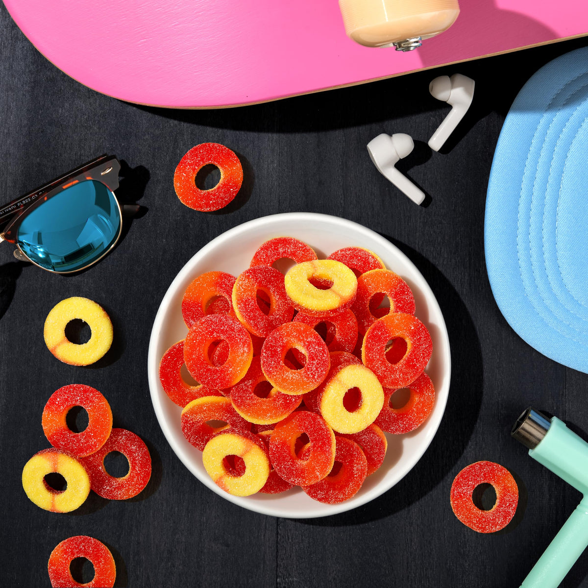 Movie night spread featuring Trolli Peachie O's peach rings.
