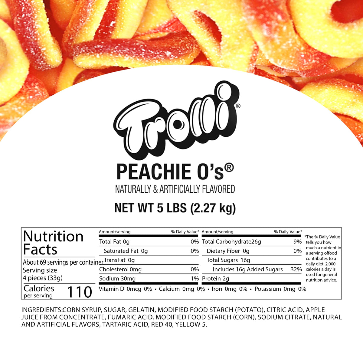 Bright peach-colored Trolli Peachie O's gummies with sour coating.