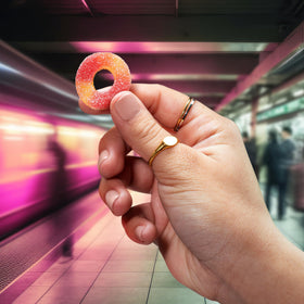 Trolli Peachie O's gummy rings featuring a tangy sugar coating for bold peach flavor.