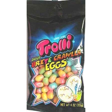 Trolli Sour Brite Eggs gummies with candy shell for tangy, colorful celebrations.