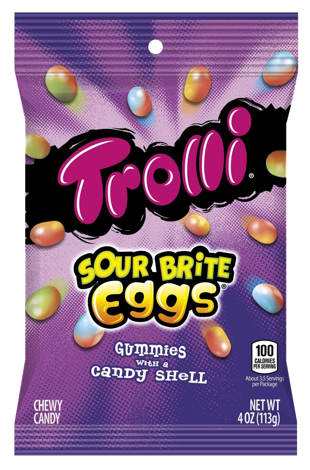 Trolli Sour Brite Eggs gummy bag with egg-shaped candy for tangy snacking and party treats.