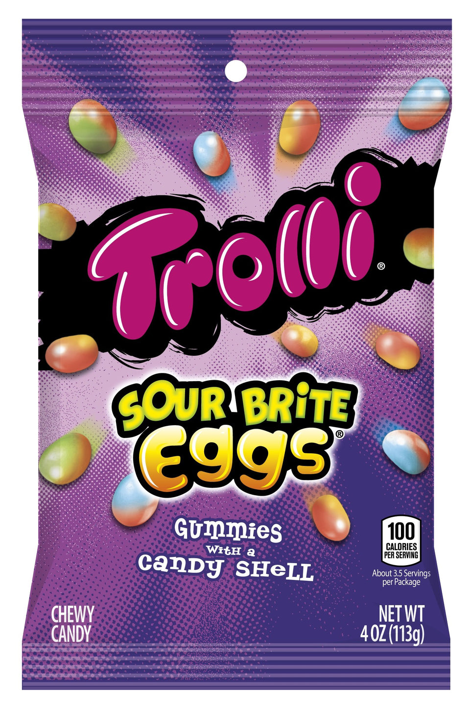 Trolli Sour Brite Eggs gummy bag with egg-shaped candy for tangy snacking and party treats.