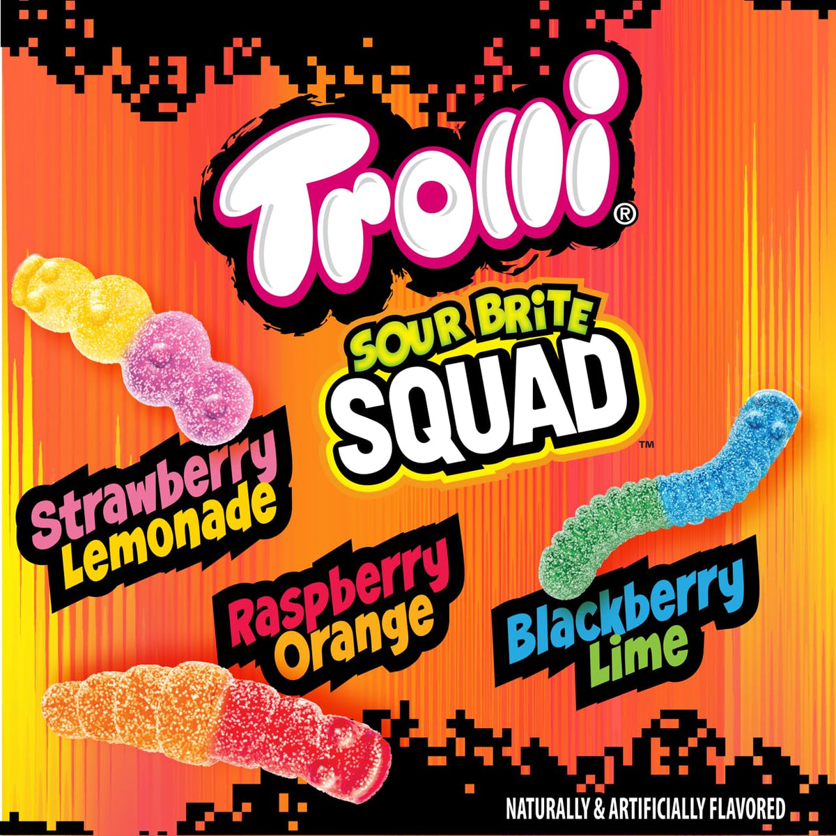 Trolli Sour Brite Squad dual flavors highlighted for a bold, sweet-sour experience.