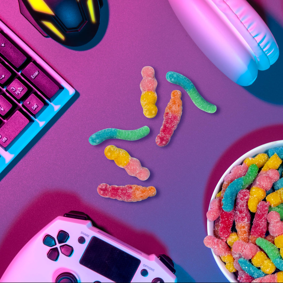 Trolli Sour Brite Squad flavor variety showcases strawberry lemonade, raspberry orange, blackberry lime.