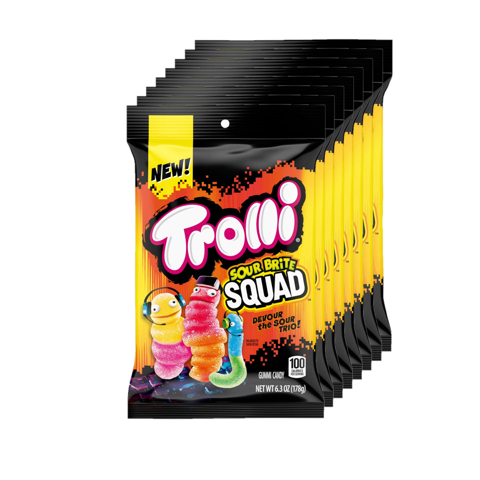 Trolli Sour Brite Squad pack with colorful worms, ideal for sharing.