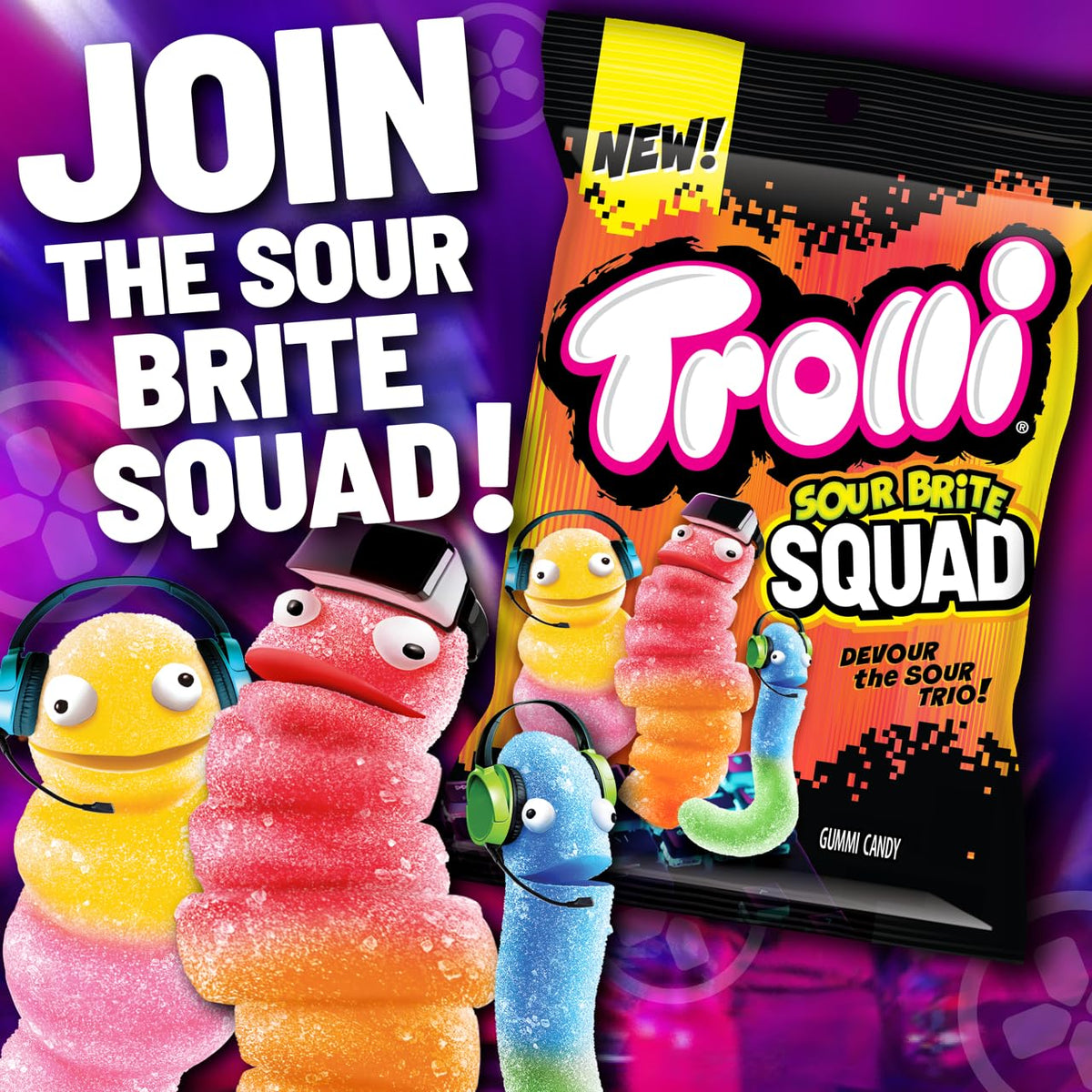Trolli Sour Brite Squad worms close-up showing dual flavors for a tangy bite.