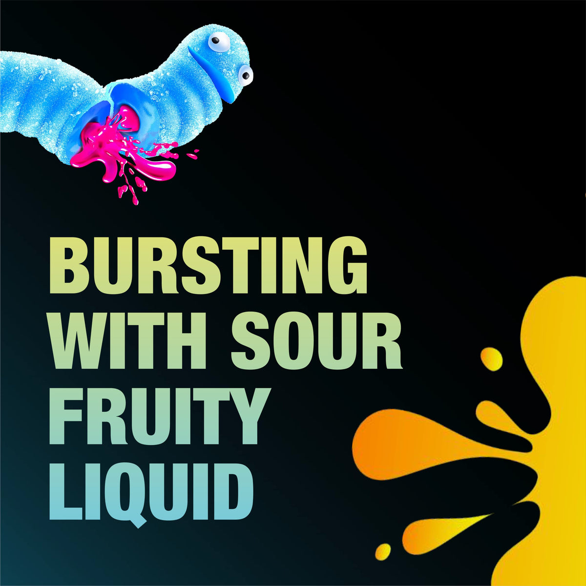 Trolli Sour Bursting Crawlers closeup-centers emphasizes gooey fruit centers that intensify sweetness.