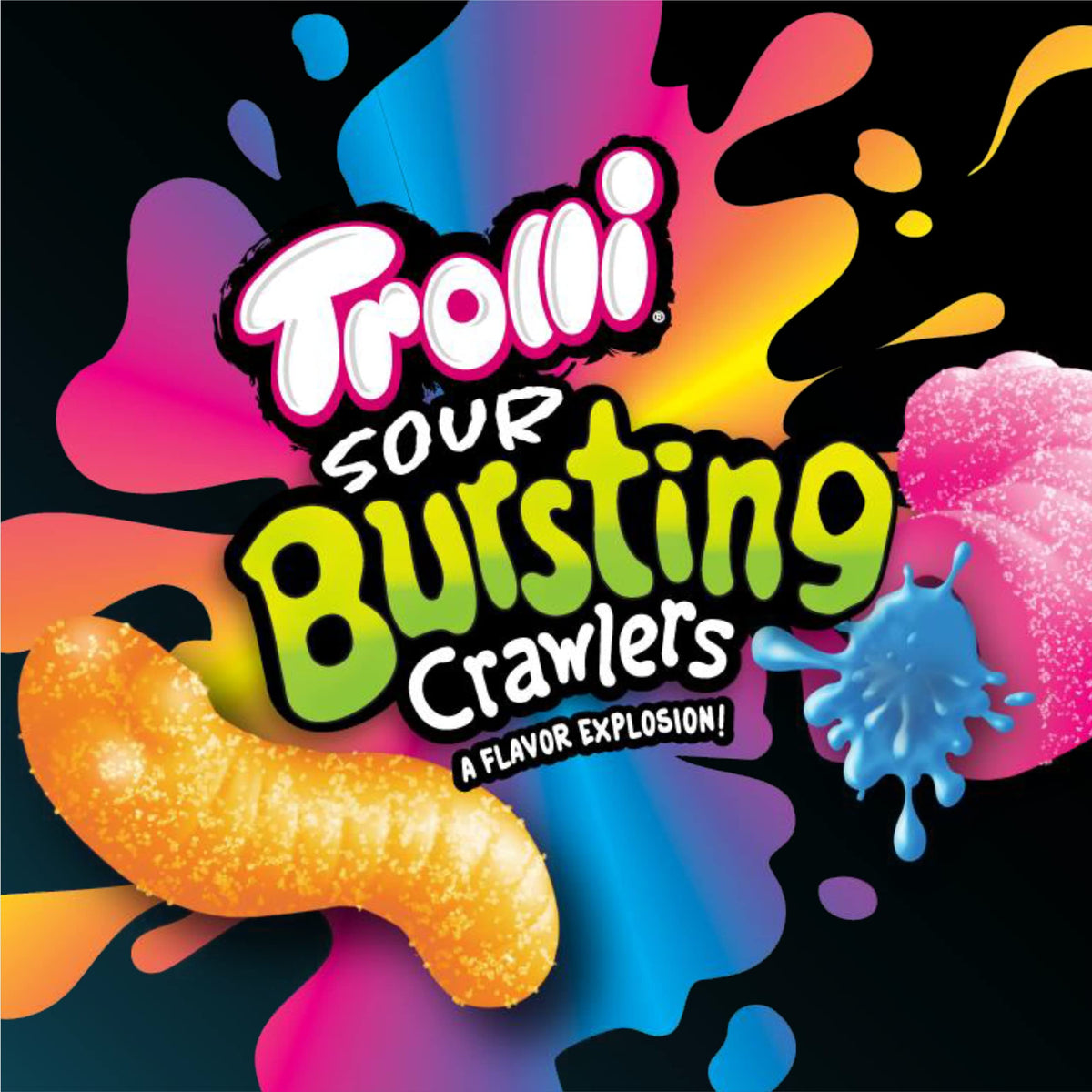 Trolli Sour Bursting Crawlers four-flavors image hints at tangy outside and juicy inside.