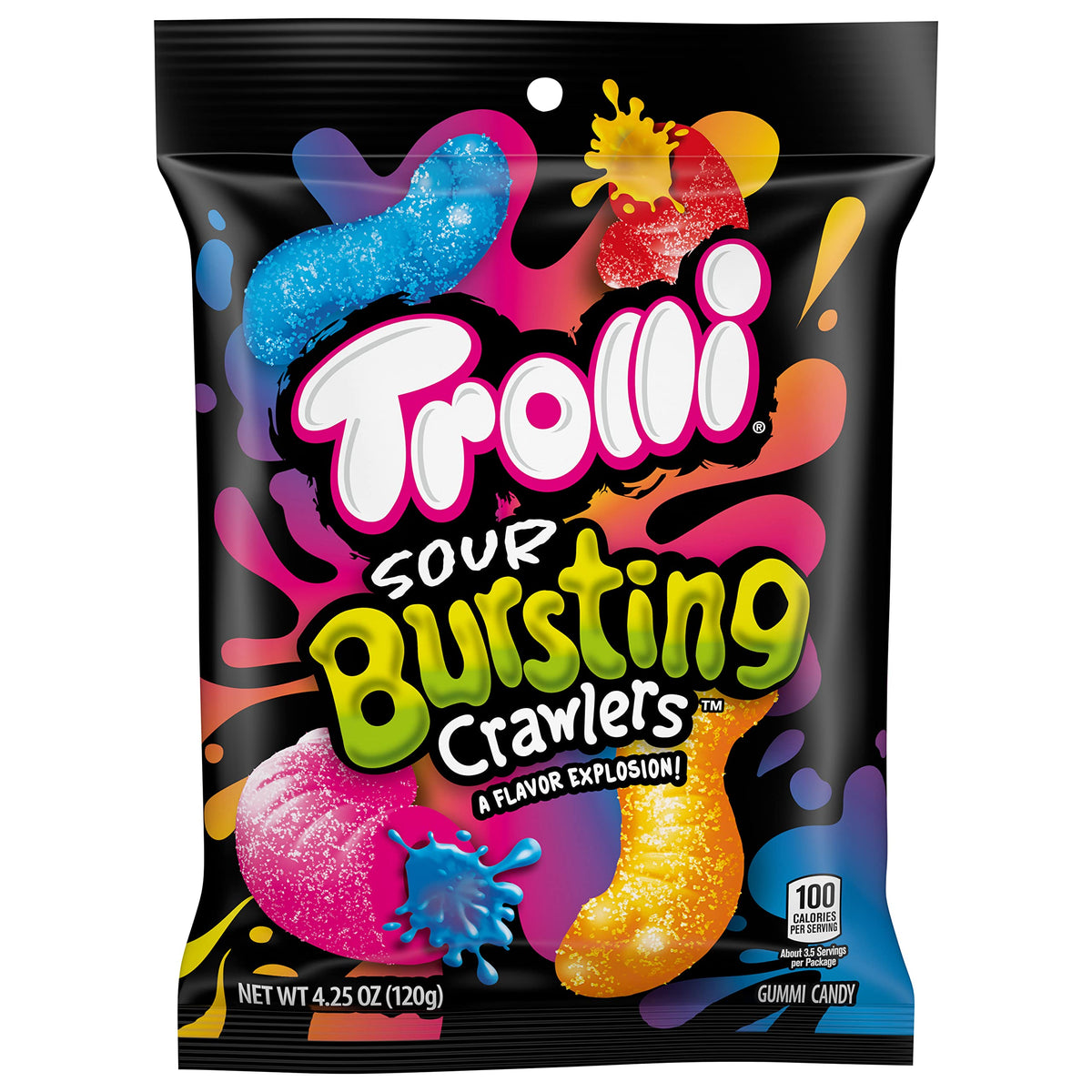 Trolli Sour Bursting Crawlers front-pack highlights dual-flavor centers for a fruity explosion.