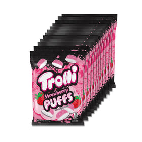 Trolli Strawberry Puffs 12-pack display with shareable fruity gummies.