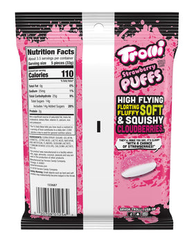 Trolli Strawberry Puffs closeup shows soft, tangy coated gummies.