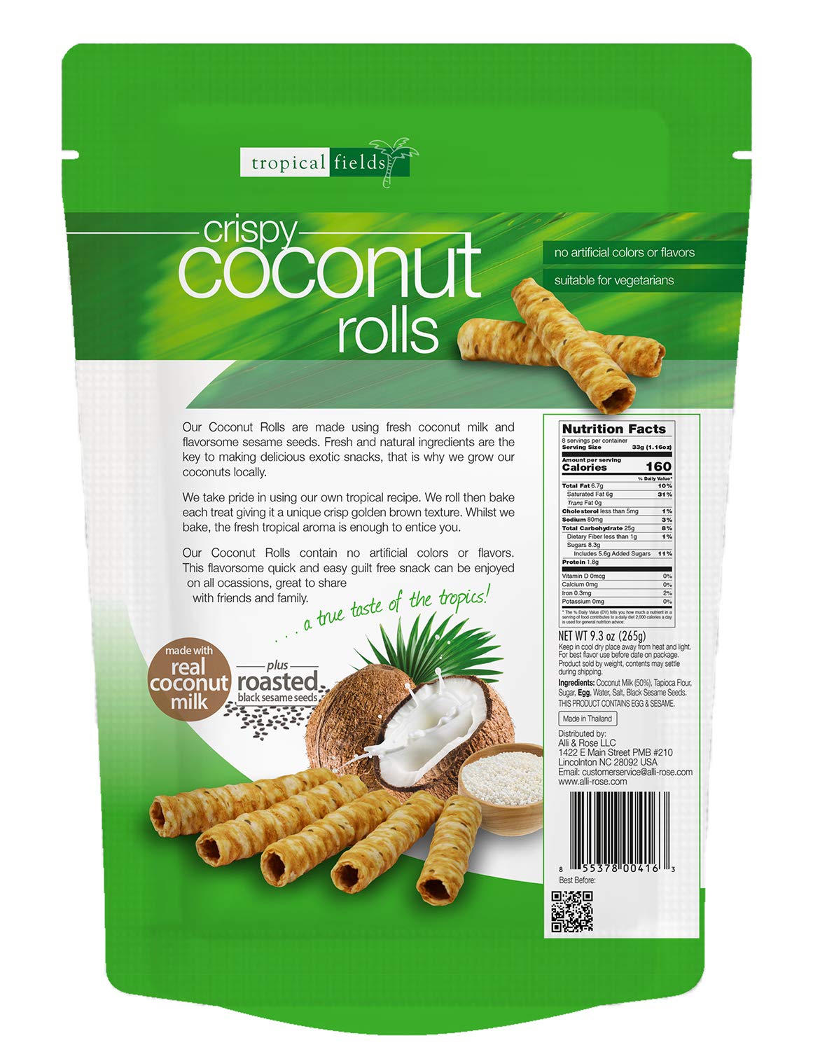 Tropical Fields Crispy Coconut Rolls back view, gluten-free dairy-free snack ready to enjoy.