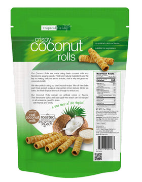 Tropical Fields Crispy Coconut Rolls back view, gluten-free dairy-free snack ready to enjoy.