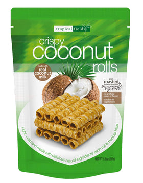 Tropical Fields Crispy Coconut Rolls front view, organic snack with gluten-free and dairy-free appeal.