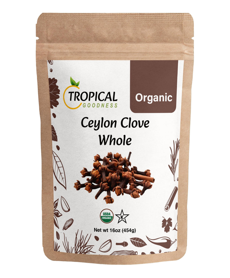 Tropical Goodness whole cloves in a spice jar for rich cooking flavor.