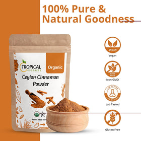 Ground Ceylon cinnamon powder pours into tea for warmth and aroma.