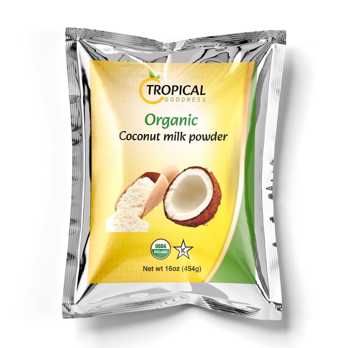 Tropical Goodness Organic Coconut Milk Powder pack on a pantry shelf, a dairy-free option.