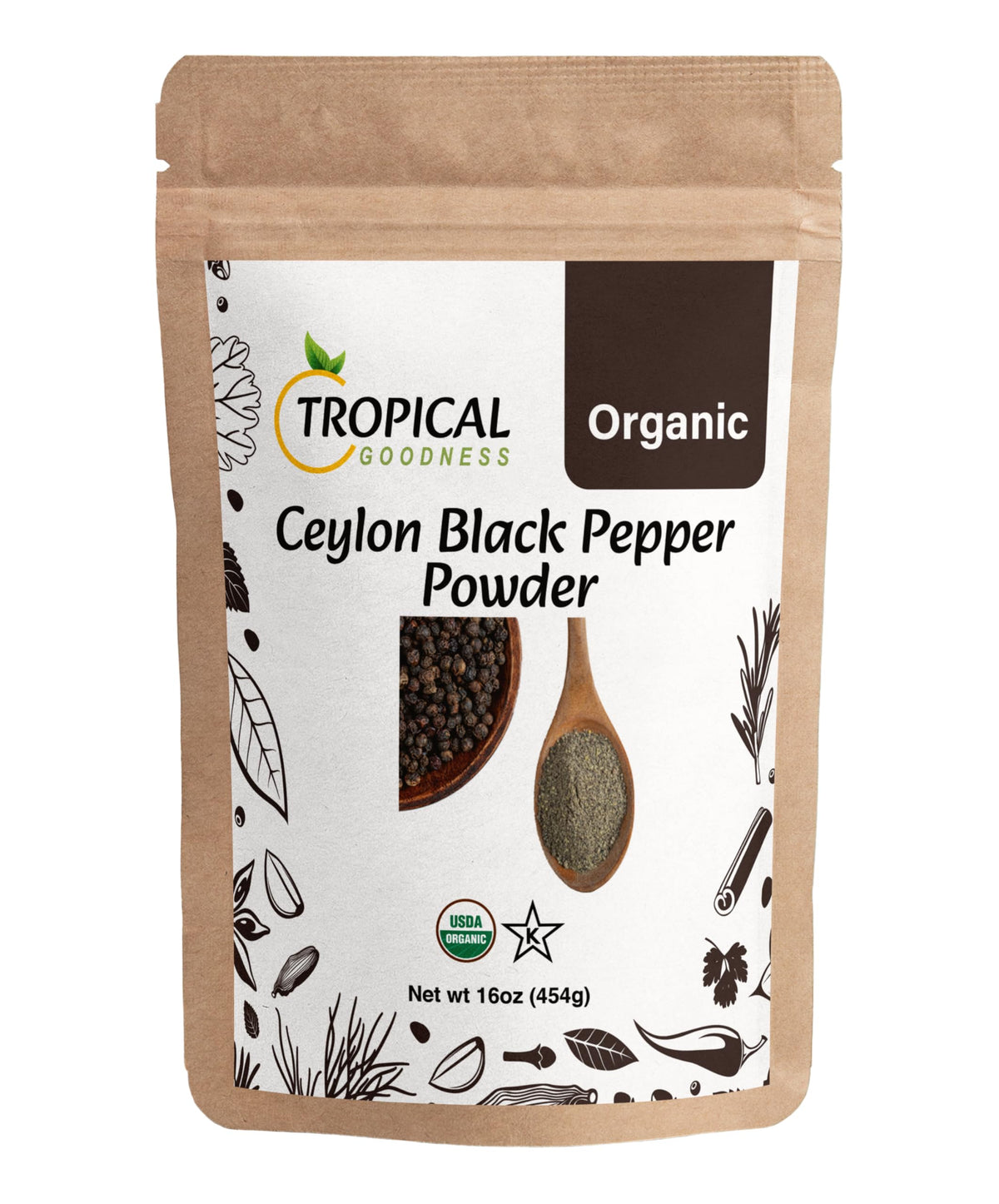 Tropical Goodness Organic Ground Black Pepper Powder bottle highlights rich aroma for cooking.