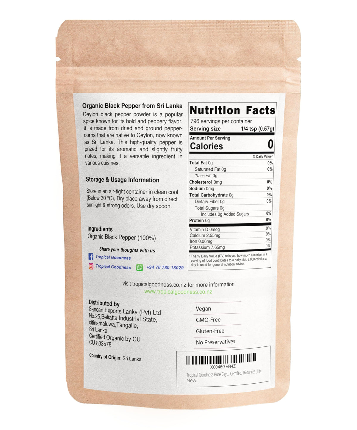 Tropical Goodness pepper powder label emphasizes organic quality and purity.