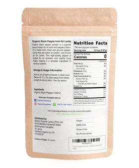 Tropical Goodness pepper powder label emphasizes organic quality and purity.