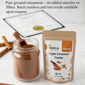 USDA Organic and Kosher seals on Tropical Goodness Ceylon cinnamon.