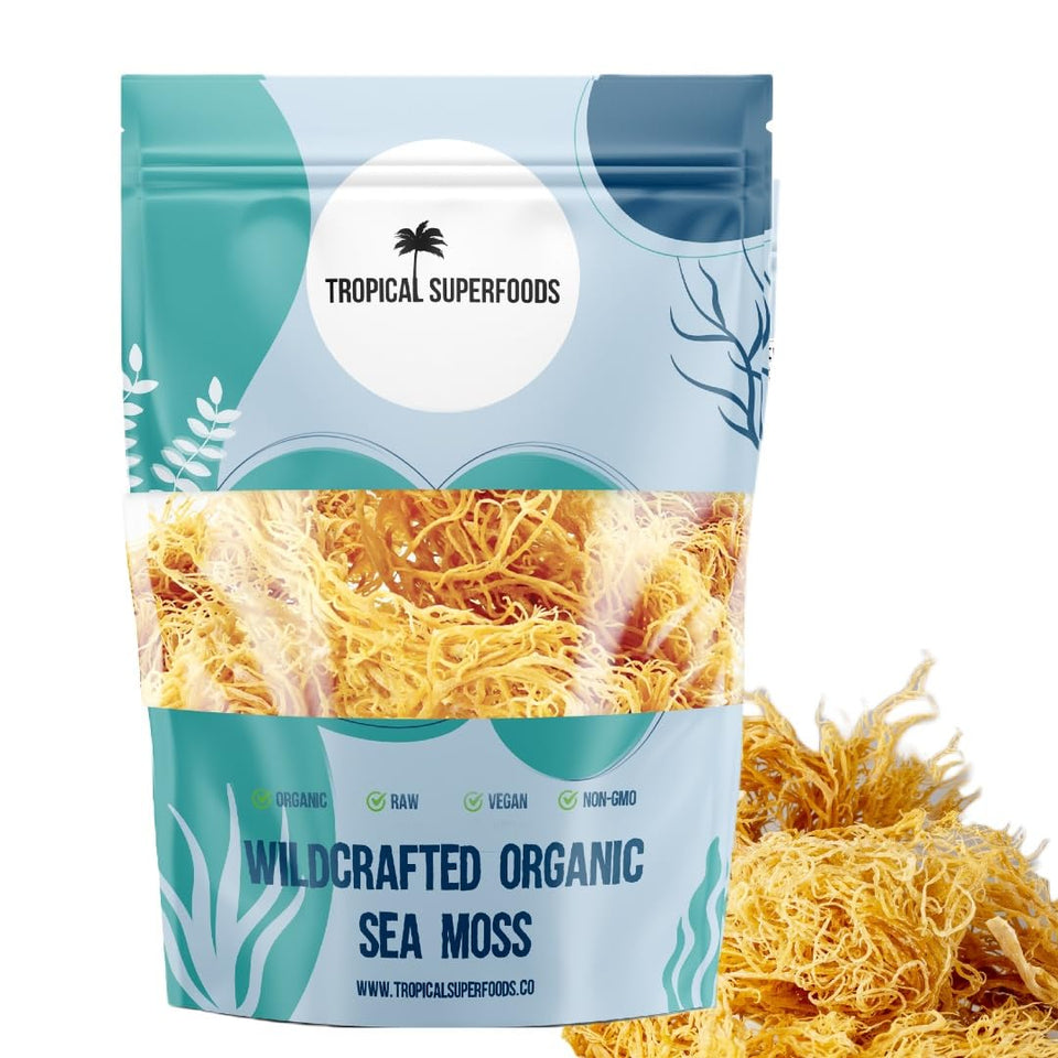 Tropical Superfoods sea moss bottle pour ready for smoothies.