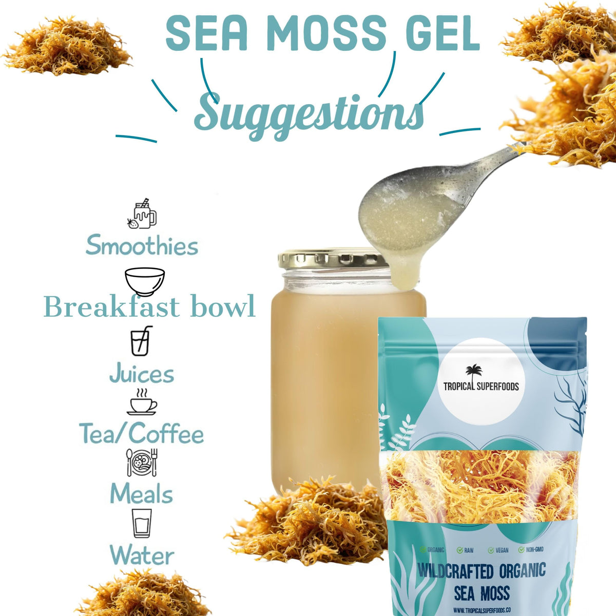 Tropical Superfoods sea moss gel jar showing rich golden color.