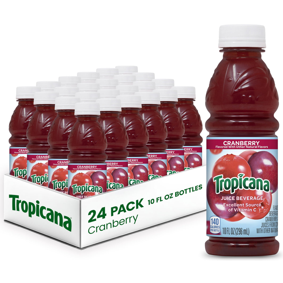 Tropicana Cranberry 10oz bottle on a kitchen counter, perfect for on-the-go refreshment.