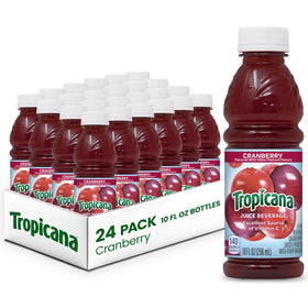 Tropicana Cranberry 10oz bottle on a kitchen counter, perfect for on-the-go refreshment.