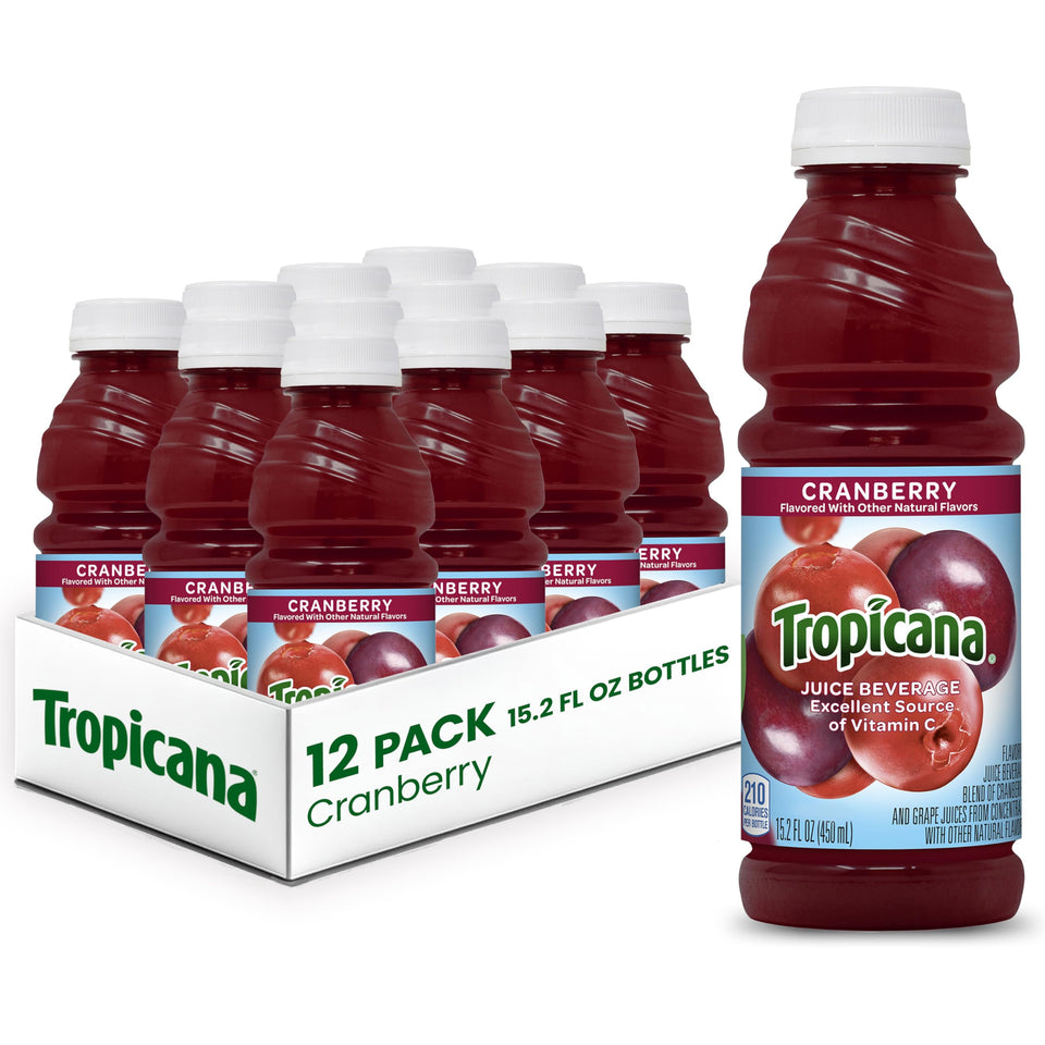 Tropicana Cranberry Juice Drink bottle front view, ideal for quick refreshment.