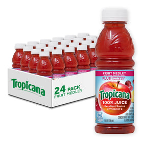 Tropicana 100% Fruit Medley bottle, angled view, vitamin C rich for everyday hydration.