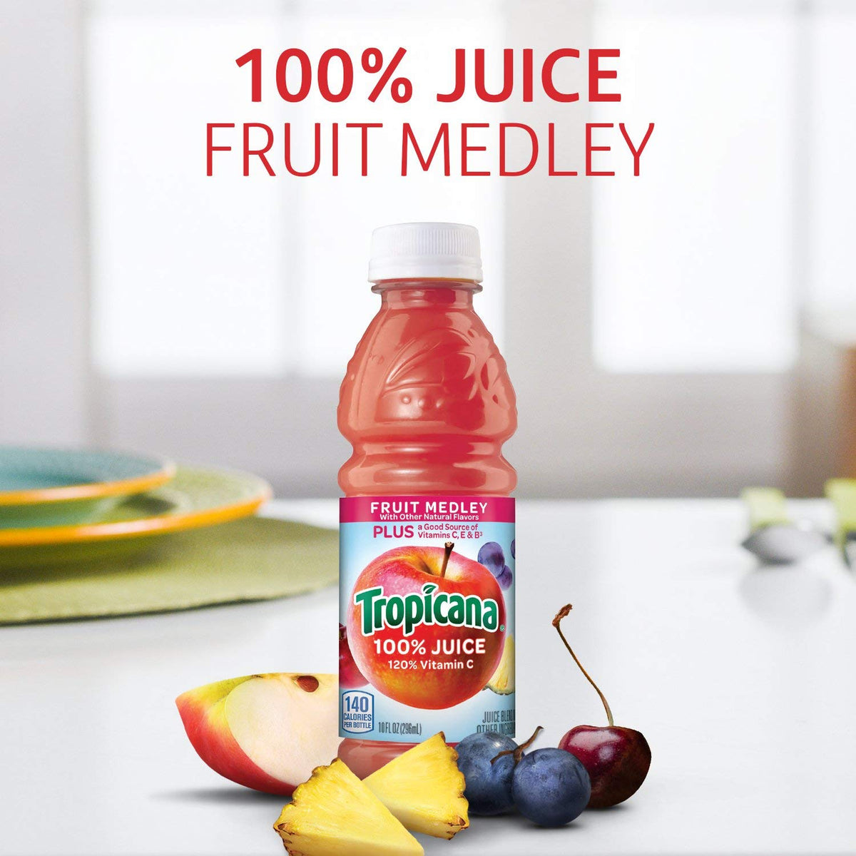 Tropicana Fruit Medley label close-up, highlighting no added sugars and 24-pack convenience.